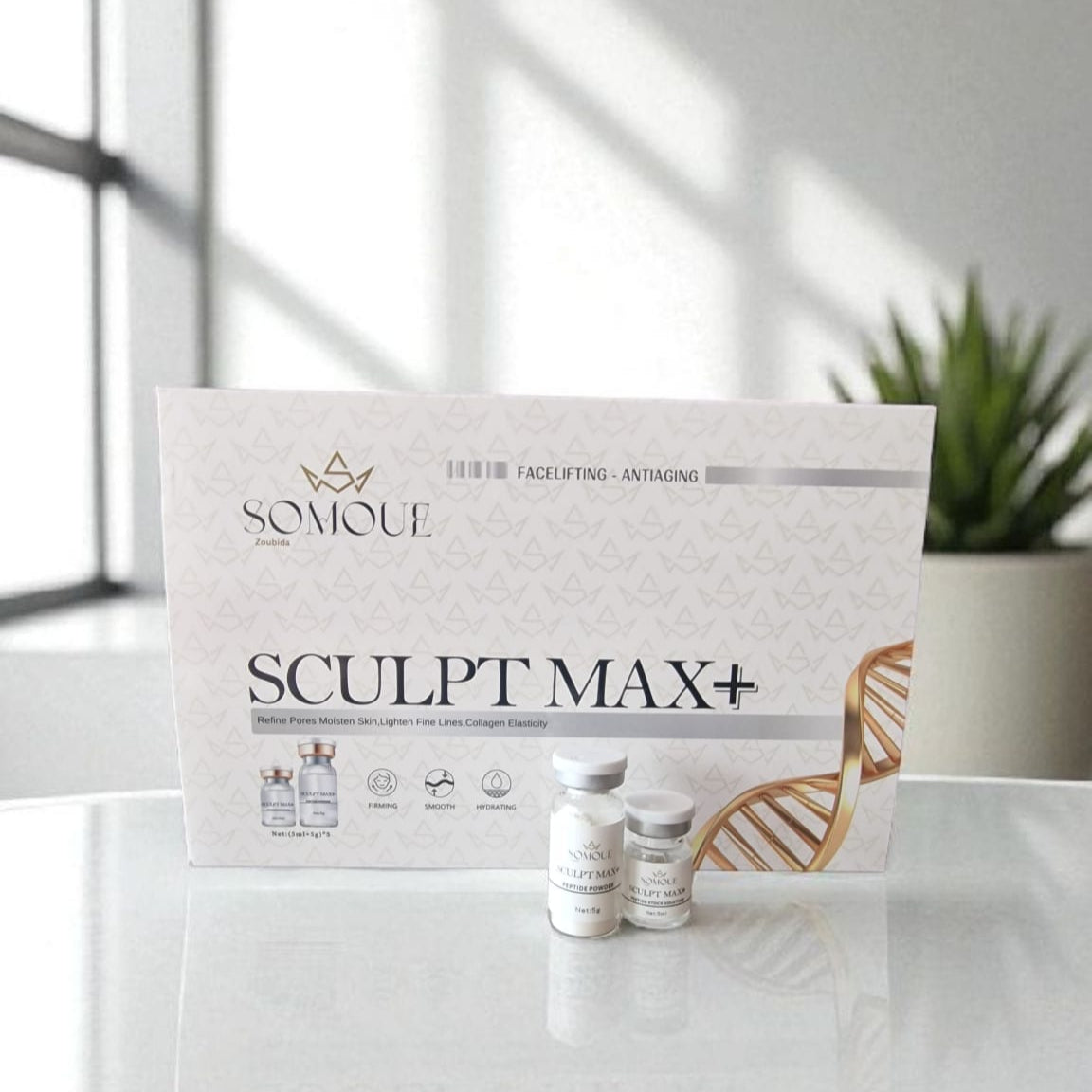 Somoue Sculpt Max+ packaging on a white surface with a blurred background