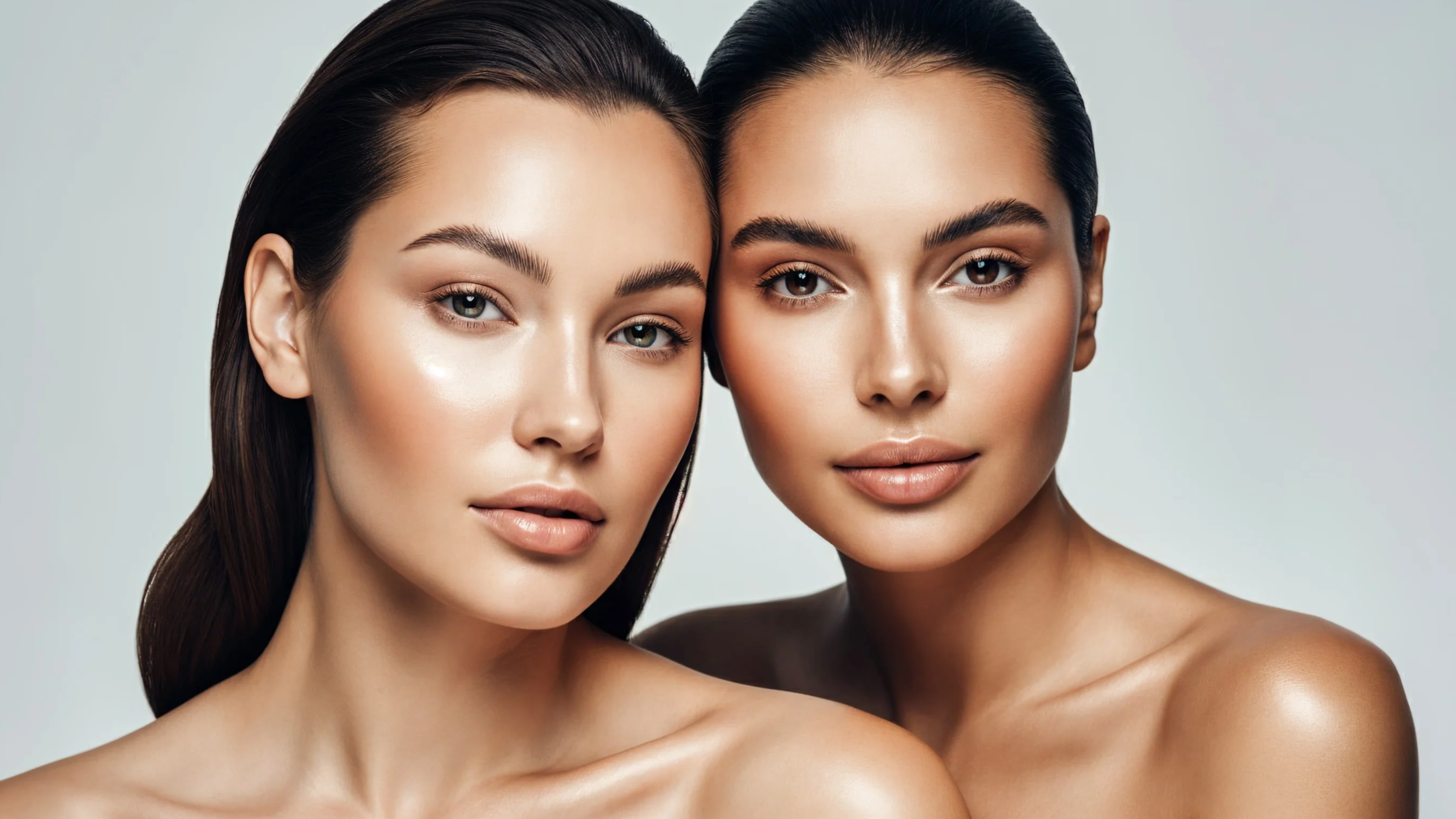 Two women with smooth, well-maintained skin on a gray background